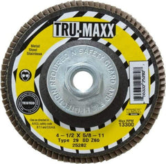 Tru-Maxx - 60 Grit, 4-1/2" Disc Diam, 5/8-11 Center Hole, Type 29 Zirconia Alumina Flap Disc - 13,300 Max RPM, Arbor Attaching System, Coated - Industrial Tool & Supply