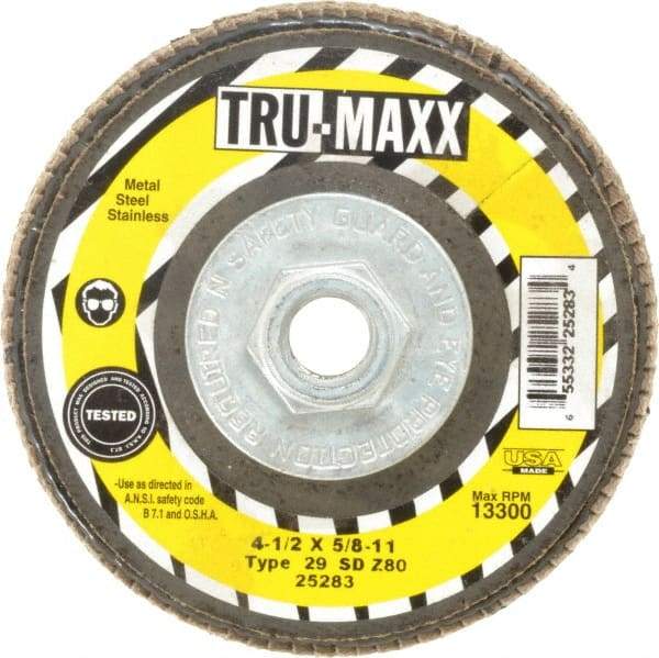 Tru-Maxx - 80 Grit, 4-1/2" Disc Diam, 5/8-11 Center Hole, Type 29 Zirconia Alumina Flap Disc - 13,300 Max RPM, Arbor Attaching System, Coated - Industrial Tool & Supply