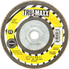 Tru-Maxx - 80 Grit, 4-1/2" Disc Diam, 5/8-11 Center Hole, Type 29 Zirconia Alumina Flap Disc - 13,300 Max RPM, Arbor Attaching System, Coated - Industrial Tool & Supply