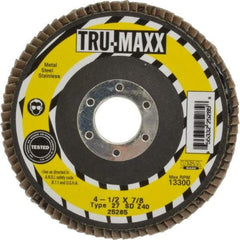 Tru-Maxx - 40 Grit, 4-1/2" Disc Diam, 7/8" Center Hole, Type 27 Zirconia Alumina Flap Disc - 13,300 Max RPM, Arbor Attaching System, Coated - Industrial Tool & Supply