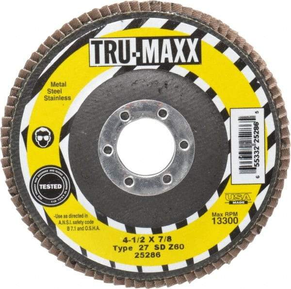 Tru-Maxx - 60 Grit, 4-1/2" Disc Diam, 7/8" Center Hole, Type 27 Zirconia Alumina Flap Disc - 13,300 Max RPM, Arbor Attaching System, Coated - Industrial Tool & Supply