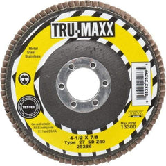 Tru-Maxx - 60 Grit, 4-1/2" Disc Diam, 7/8" Center Hole, Type 27 Zirconia Alumina Flap Disc - 13,300 Max RPM, Arbor Attaching System, Coated - Industrial Tool & Supply