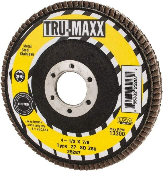 Tru-Maxx - 80 Grit, 4-1/2" Disc Diam, 7/8" Center Hole, Type 27 Zirconia Alumina Flap Disc - 13,300 Max RPM, Arbor Attaching System, Coated - Industrial Tool & Supply