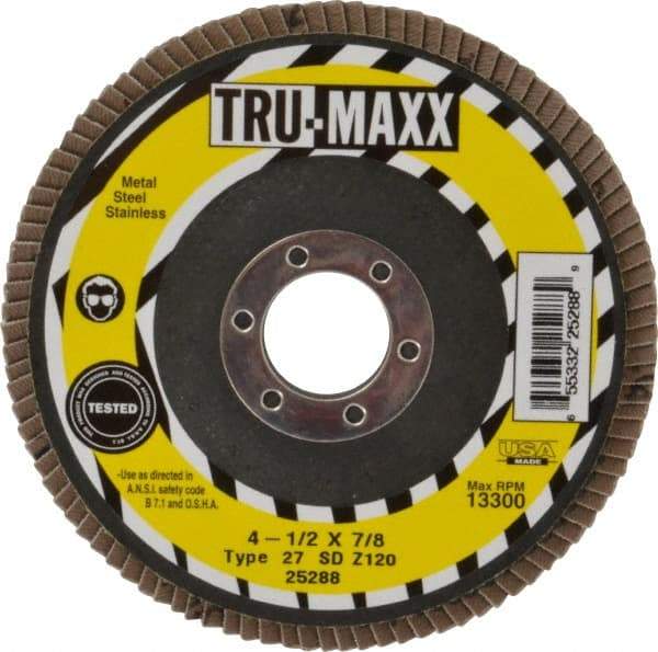 Tru-Maxx - 120 Grit, 4-1/2" Disc Diam, 7/8" Center Hole, Type 27 Zirconia Alumina Flap Disc - 13,300 Max RPM, Arbor Attaching System, Coated - Industrial Tool & Supply