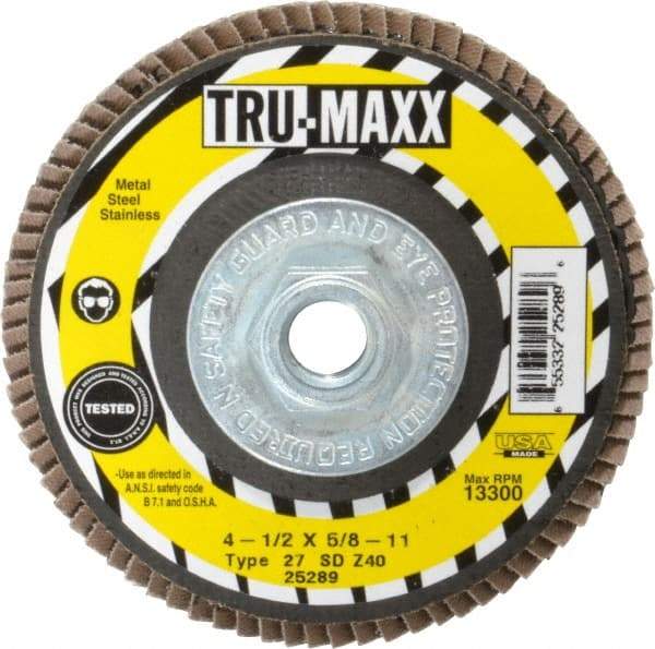 Tru-Maxx - 40 Grit, 4-1/2" Disc Diam, 5/8-11 Center Hole, Type 27 Zirconia Alumina Flap Disc - 13,300 Max RPM, Arbor Attaching System, Coated - Industrial Tool & Supply