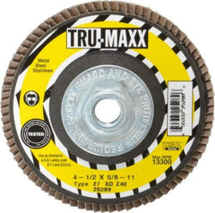 Tru-Maxx - 40 Grit, 4-1/2" Disc Diam, 5/8-11 Center Hole, Type 27 Zirconia Alumina Flap Disc - 13,300 Max RPM, Arbor Attaching System, Coated - Industrial Tool & Supply