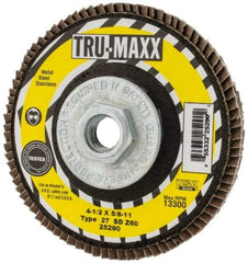 Tru-Maxx - 60 Grit, 4-1/2" Disc Diam, 5/8-11 Center Hole, Type 27 Zirconia Alumina Flap Disc - 13,300 Max RPM, Arbor Attaching System, Coated - Industrial Tool & Supply