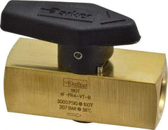 Parker - 1/4" Pipe, 3,000 psi WOG Rating, Brass, Inline, One Way Instrumentation Plug Valve - Wedge Handle, FNPT x FNPT End Connections, Viton Seal - Industrial Tool & Supply