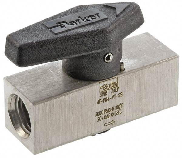 Parker - 1/2" Pipe, 3,000 psi WOG Rating, 316 Stainless Steel, Inline, One Way Instrumentation Plug Valve - Wedge Handle, FNPT x FNPT End Connections, Viton Seal - Industrial Tool & Supply