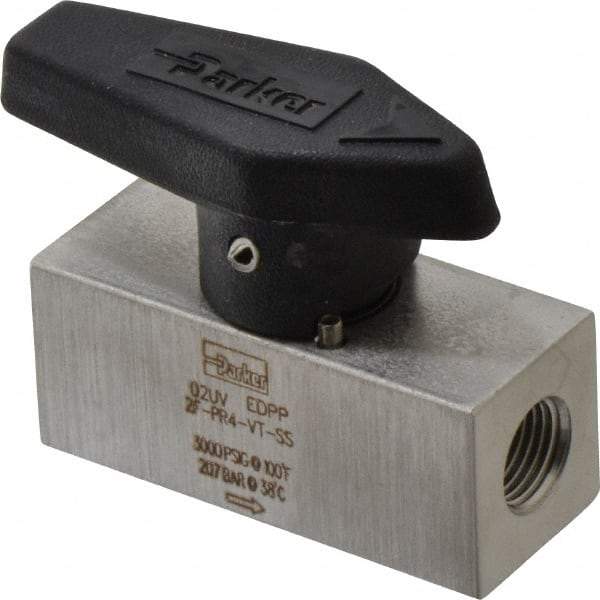 Parker - 1/8" Pipe, 3,000 psi WOG Rating, 316 Stainless Steel, Inline, One Way Instrumentation Plug Valve - Wedge Handle, FNPT x FNPT End Connections, Viton Seal - Industrial Tool & Supply