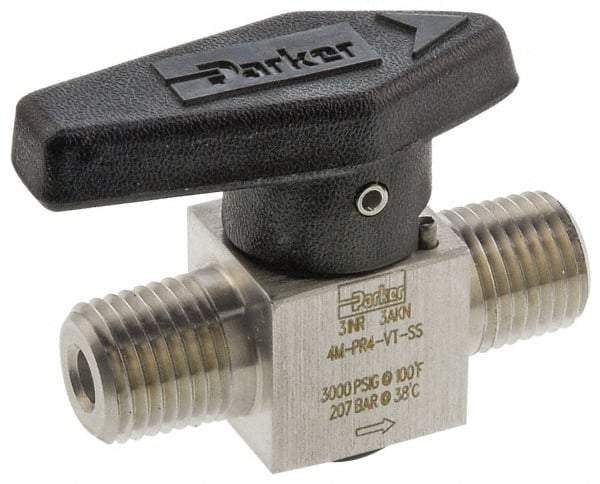 Parker - 1/8" Pipe, 3,000 psi WOG Rating, 316 Stainless Steel, Inline, One Way Instrumentation Plug Valve - Wedge Handle, MNPT x MNPT End Connections, Viton Seal - Industrial Tool & Supply
