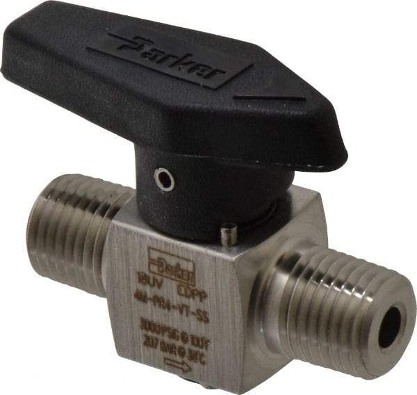 Parker - 1/4" Pipe, 3,000 psi WOG Rating, 316 Stainless Steel, Inline, One Way Instrumentation Plug Valve - Wedge Handle, MNPT x MNPT End Connections, Viton Seal - Industrial Tool & Supply