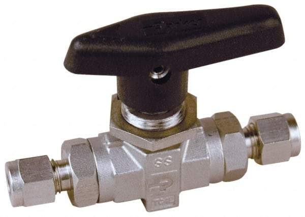 Parker - 1/8" Pipe, Stainless Steel, Inline, Two Way Flow, Instrumentation Ball Valve - 6,000 psi WOG Rating, Wedge Handle, PTFE Seal, PTFE Seat - Industrial Tool & Supply