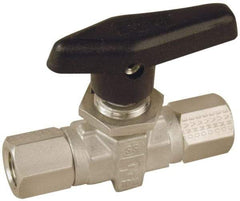 Parker - 1/8" Pipe, FNPT x FNPT End Connections, Stainless Steel, Inline, Two Way Flow, Instrumentation Ball Valve - 6,000 psi WOG Rating, Wedge Handle, PTFE Seal, PTFE Seat - Industrial Tool & Supply