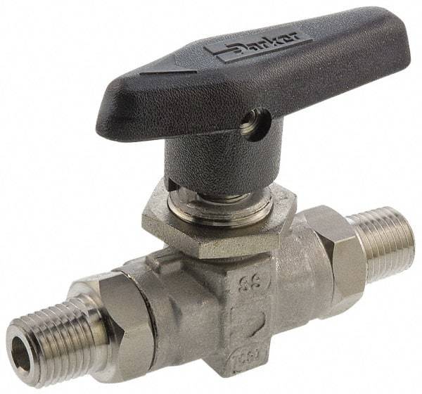 Parker - 1/8" Pipe, MNPT x MNPT End Connections, Stainless Steel, Inline, Two Way Flow, Instrumentation Ball Valve - 6,000 psi WOG Rating, Wedge Handle, PTFE Seal, PTFE Seat - Industrial Tool & Supply