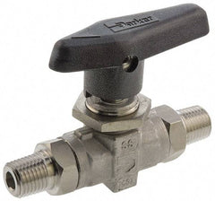 Parker - 1/8" Pipe, MNPT x MNPT End Connections, Stainless Steel, Inline, Two Way Flow, Instrumentation Ball Valve - 6,000 psi WOG Rating, Wedge Handle, PTFE Seal, PTFE Seat - Industrial Tool & Supply