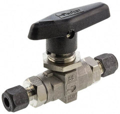 Parker - 1/8" Pipe, Compression x Compression CPI End Connections, Stainless Steel, Inline, Two Way Flow, Instrumentation Ball Valve - 6,000 psi WOG Rating, Wedge Handle, PTFE Seal, PTFE Seat - Industrial Tool & Supply