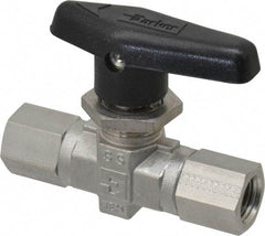 Parker - 1/4" Pipe, FNPT x FNPT End Connections, Stainless Steel, Inline, Two Way Flow, Instrumentation Ball Valve - 6,000 psi WOG Rating, Wedge Handle, PTFE Seal, PTFE Seat - Industrial Tool & Supply