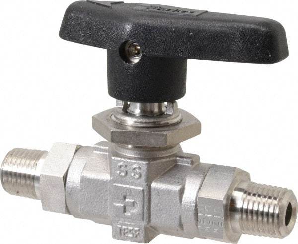 Parker - 1/4" Pipe, MNPT x MNPT End Connections, Stainless Steel, Inline, Two Way Flow, Instrumentation Ball Valve - 6,000 psi WOG Rating, Wedge Handle, PTFE Seal, PTFE Seat - Industrial Tool & Supply
