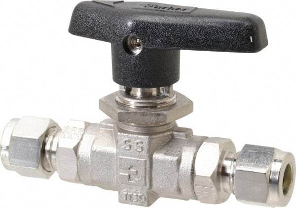 Parker - 3/8" Pipe, Stainless Steel, Inline, Two Way Flow, Instrumentation Ball Valve - 6,000 psi WOG Rating, Wedge Handle, PTFE Seal, PTFE Seat - Industrial Tool & Supply