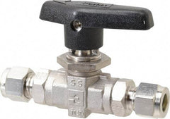 Parker - 3/8" Pipe, Stainless Steel, Inline, Two Way Flow, Instrumentation Ball Valve - 6,000 psi WOG Rating, Wedge Handle, PTFE Seal, PTFE Seat - Industrial Tool & Supply