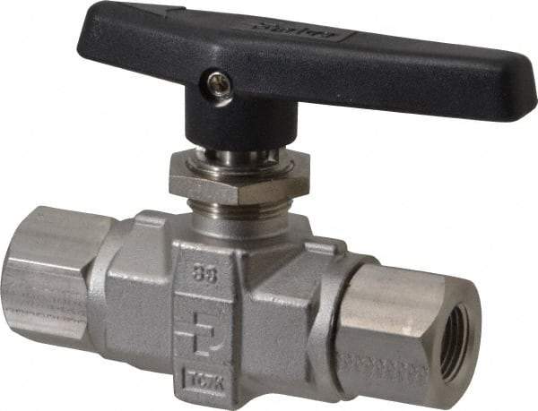 Parker - 3/8" Pipe, FNPT x FNPT End Connections, Stainless Steel, Inline, Two Way Flow, Instrumentation Ball Valve - 6,000 psi WOG Rating, Wedge Handle, PTFE Seal, PTFE Seat - Industrial Tool & Supply