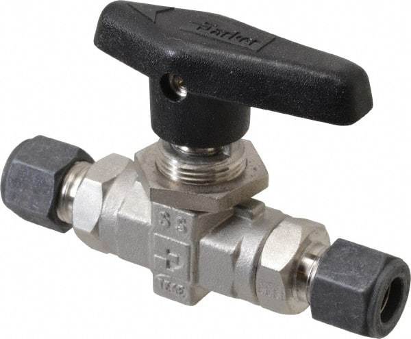 Parker - 3/8" Pipe, Compression x Compression CPI End Connections, Stainless Steel, Inline, Two Way Flow, Instrumentation Ball Valve - 6,000 psi WOG Rating, Wedge Handle, PTFE Seal, PTFE Seat - Industrial Tool & Supply