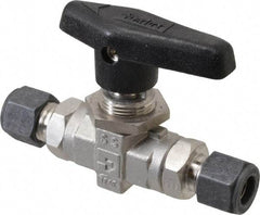 Parker - 3/8" Pipe, Compression x Compression CPI End Connections, Stainless Steel, Inline, Two Way Flow, Instrumentation Ball Valve - 6,000 psi WOG Rating, Wedge Handle, PTFE Seal, PTFE Seat - Industrial Tool & Supply