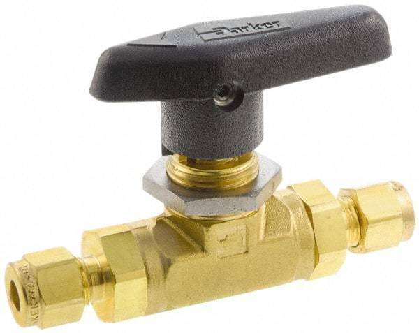 Parker - 1/4" Pipe, Compression x Compression CPI End Connections, Brass, Inline, Two Way Flow, Instrumentation Ball Valve - 3,000 psi WOG Rating, Wedge Handle, PTFE Seal, PTFE Seat - Industrial Tool & Supply