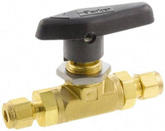 Parker - 1/4" Pipe, Compression x Compression CPI End Connections, Brass, Inline, Two Way Flow, Instrumentation Ball Valve - 3,000 psi WOG Rating, Wedge Handle, PTFE Seal, PTFE Seat - Industrial Tool & Supply