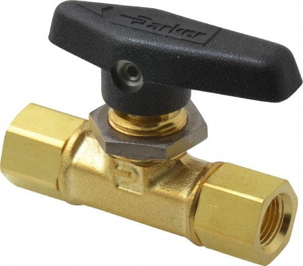 Parker - 1/8" Pipe, FNPT x FNPT End Connections, Brass, Inline, Two Way Flow, Instrumentation Ball Valve - 3,000 psi WOG Rating, Wedge Handle, PTFE Seal, PTFE Seat - Industrial Tool & Supply