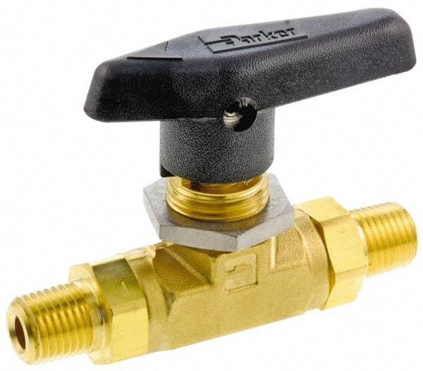 Parker - 1/8" Pipe, MNPT x MNPT End Connections, Brass, Inline, Two Way Flow, Instrumentation Ball Valve - 3,000 psi WOG Rating, Wedge Handle, PTFE Seal, PTFE Seat - Industrial Tool & Supply