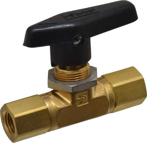 Parker - 1/4" Pipe, FNPT x FNPT End Connections, Brass, Inline, Two Way Flow, Instrumentation Ball Valve - 3,000 psi WOG Rating, Wedge Handle, PTFE Seal, PTFE Seat - Industrial Tool & Supply