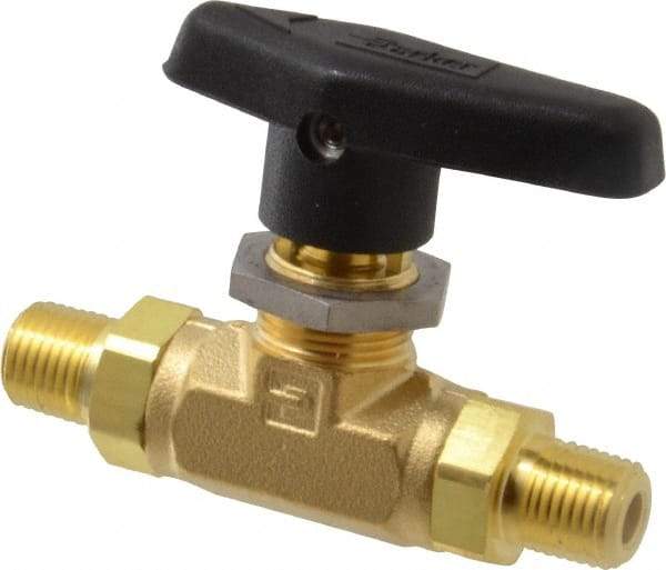 Parker - 1/4" Pipe, MNPT x MNPT End Connections, Brass, Inline, Two Way Flow, Instrumentation Ball Valve - 3,000 psi WOG Rating, Wedge Handle, PTFE Seal, PTFE Seat - Industrial Tool & Supply