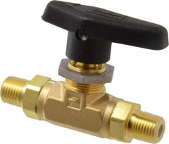 Parker - 1/4" Pipe, MNPT x MNPT End Connections, Brass, Inline, Two Way Flow, Instrumentation Ball Valve - 3,000 psi WOG Rating, Wedge Handle, PTFE Seal, PTFE Seat - Industrial Tool & Supply