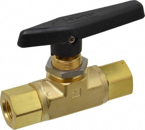 Parker - 3/8" Pipe, FNPT x FNPT End Connections, Brass, Inline, Two Way Flow, Instrumentation Ball Valve - 3,000 psi WOG Rating, Wedge Handle, PTFE Seal, PTFE Seat - Industrial Tool & Supply