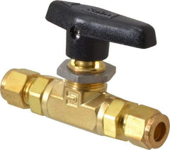 Parker - 3/8" Pipe, Compression x Compression CPI End Connections, Brass, Inline, Two Way Flow, Instrumentation Ball Valve - 3,000 psi WOG Rating, Wedge Handle, PTFE Seal, PTFE Seat - Industrial Tool & Supply