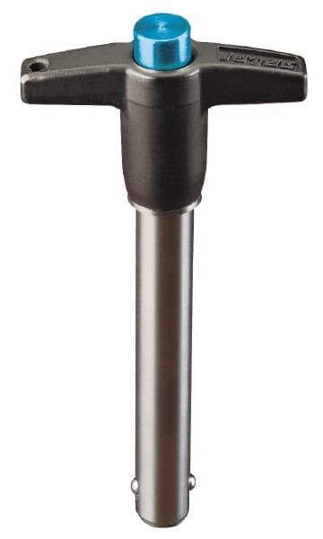 Jergens - 12mm Diam, 25mm Usable Length, T Handle, Push Button Quick Release Pin - 76.9mm OAL, Grade 17-4 Stainless Steel, Passivated Finish - Industrial Tool & Supply