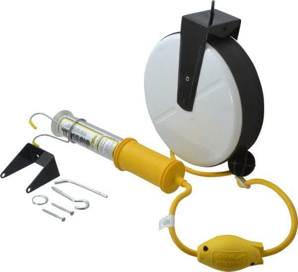 Made in USA - 18 AWG, 40' Cable Length, Cord & Cable Reel with Fluorescent Hand Lamp End - 0 Outlets, 7 Amps, 120 Volts, SJTOW Cable, Black/White Reel - Industrial Tool & Supply