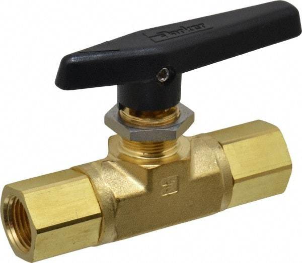 Parker - 1/2" Pipe, FNPT x FNPT End Connections, Brass, Inline, Two Way Flow, Instrumentation Ball Valve - 3,000 psi WOG Rating, Wedge Handle, PTFE Seal, PTFE Seat - Industrial Tool & Supply