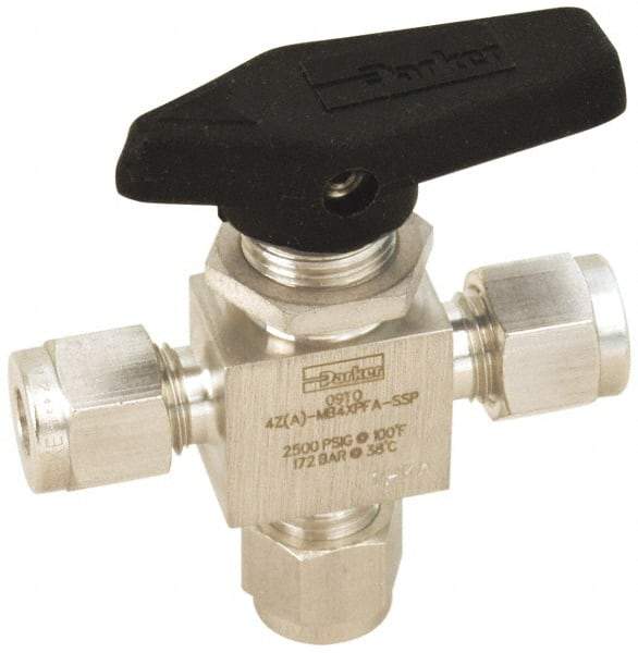 Parker - 1/8" Pipe, Stainless Steel, Three Way, Instrumentation Ball Valve - 2,500 psi WOG Rating, Wedge Handle, PFA Seat - Industrial Tool & Supply