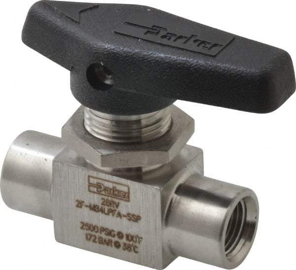 Parker - 1/8" Pipe, FNPT x FNPT End Connections, Stainless Steel, Inline, Two Way Flow, Instrumentation Ball Valve - 2,500 psi WOG Rating, Wedge Handle, PFA Seat - Industrial Tool & Supply