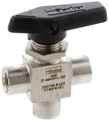Parker - 1/8" Pipe, FNPT x FNPT x FNPT End Connections, Stainless Steel, Three Way, Instrumentation Ball Valve - 2,500 psi WOG Rating, Wedge Handle, PFA Seat - Industrial Tool & Supply