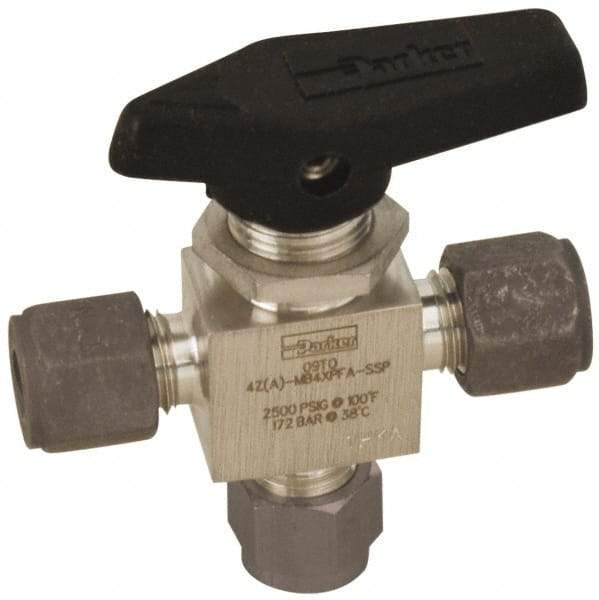 Parker - 1/4" Pipe, Compression x Compression x Compression CPI End Connections, Stainless Steel, Three Way, Instrumentation Ball Valve - 2,500 psi WOG Rating, Wedge Handle, PFA Seat - Industrial Tool & Supply