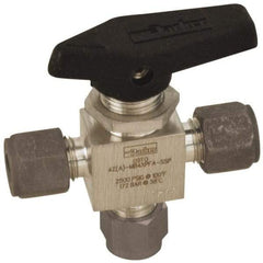 Parker - 1/4" Pipe, Compression x Compression x Compression CPI End Connections, Stainless Steel, Three Way, Instrumentation Ball Valve - 2,500 psi WOG Rating, Wedge Handle, PFA Seat - Industrial Tool & Supply