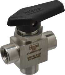 Parker - 1/4" Pipe, FNPT x FNPT x FNPT End Connections, Stainless Steel, Three Way, Instrumentation Ball Valve - 3,000 psi WOG Rating, Wedge Handle, PFA Seat - Industrial Tool & Supply