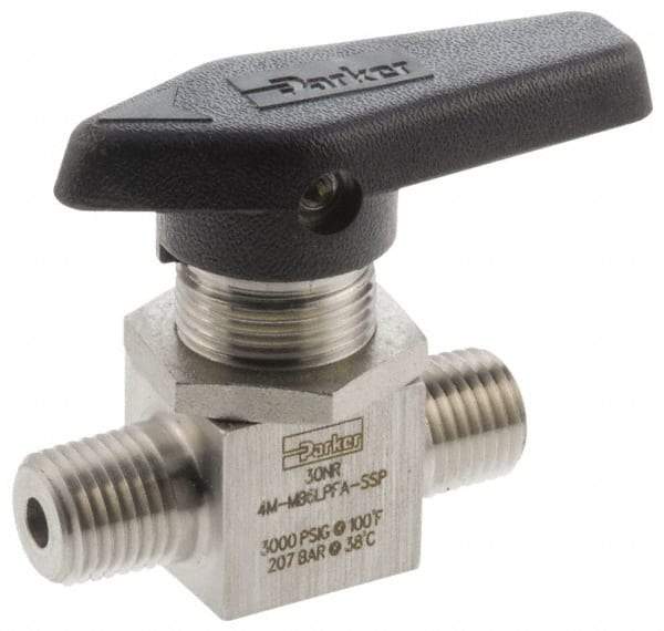 Parker - 1/4" Pipe, MNPT x MNPT End Connections, Stainless Steel, Inline, Two Way Flow, Instrumentation Ball Valve - 3,000 psi WOG Rating, Wedge Handle, PFA Seat - Industrial Tool & Supply