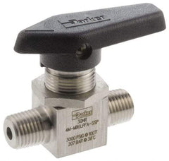 Parker - 1/4" Pipe, MNPT x MNPT End Connections, Stainless Steel, Inline, Two Way Flow, Instrumentation Ball Valve - 3,000 psi WOG Rating, Wedge Handle, PFA Seat - Industrial Tool & Supply