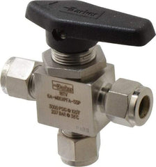 Parker - 3/8" Pipe, Stainless Steel, Three Way, Instrumentation Ball Valve - 3,000 psi WOG Rating, Wedge Handle, PFA Seat - Industrial Tool & Supply