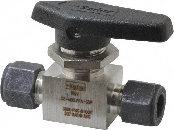 Parker - 3/8" Pipe, Compression x Compression CPI End Connections, Stainless Steel, Inline, Two Way Flow, Instrumentation Ball Valve - 3,000 psi WOG Rating, Wedge Handle, PFA Seat - Industrial Tool & Supply